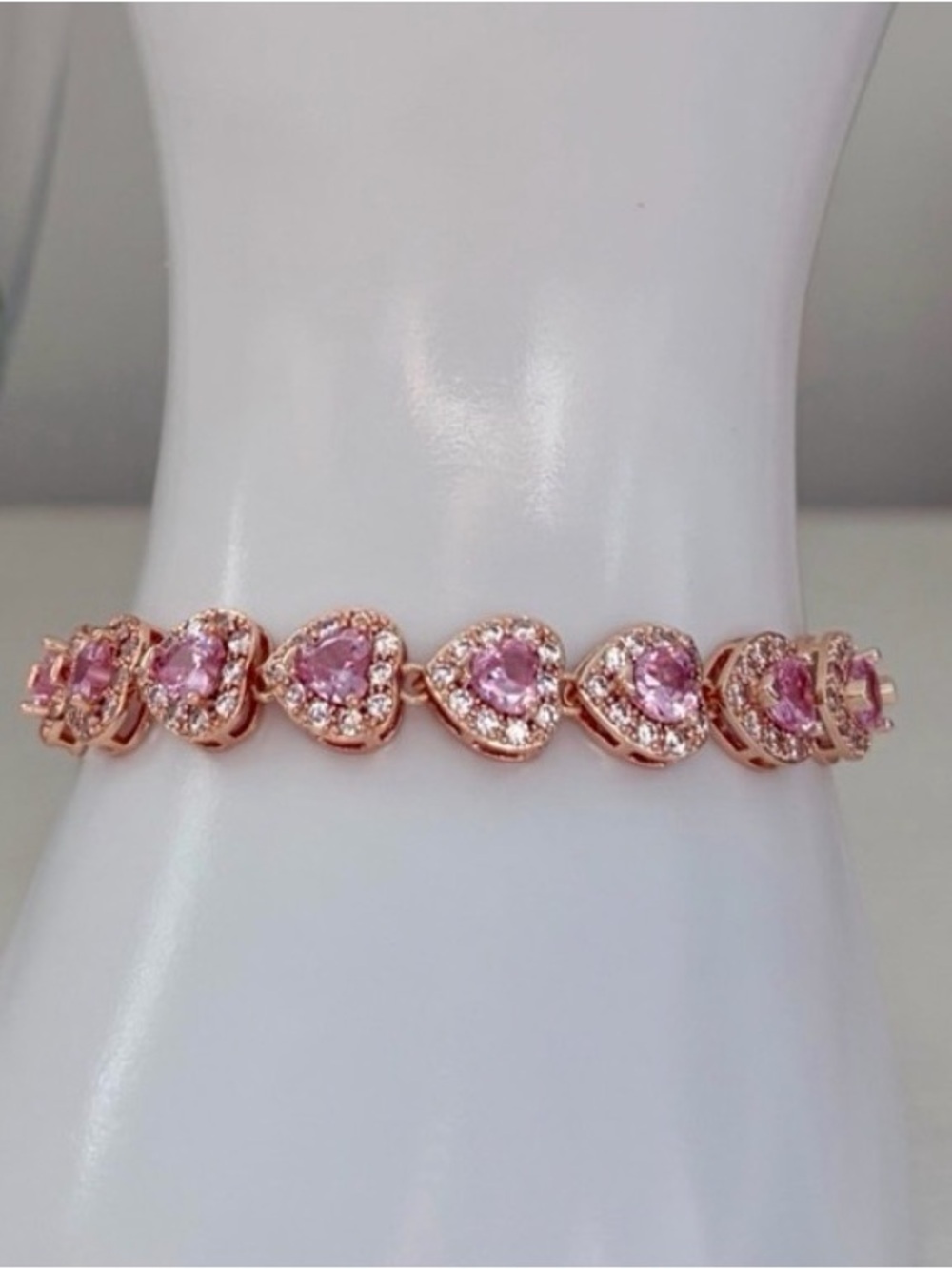 New Rose Gold Heart Bracelet Pink Certified CZ Tennis Bracelet Titanium Steel